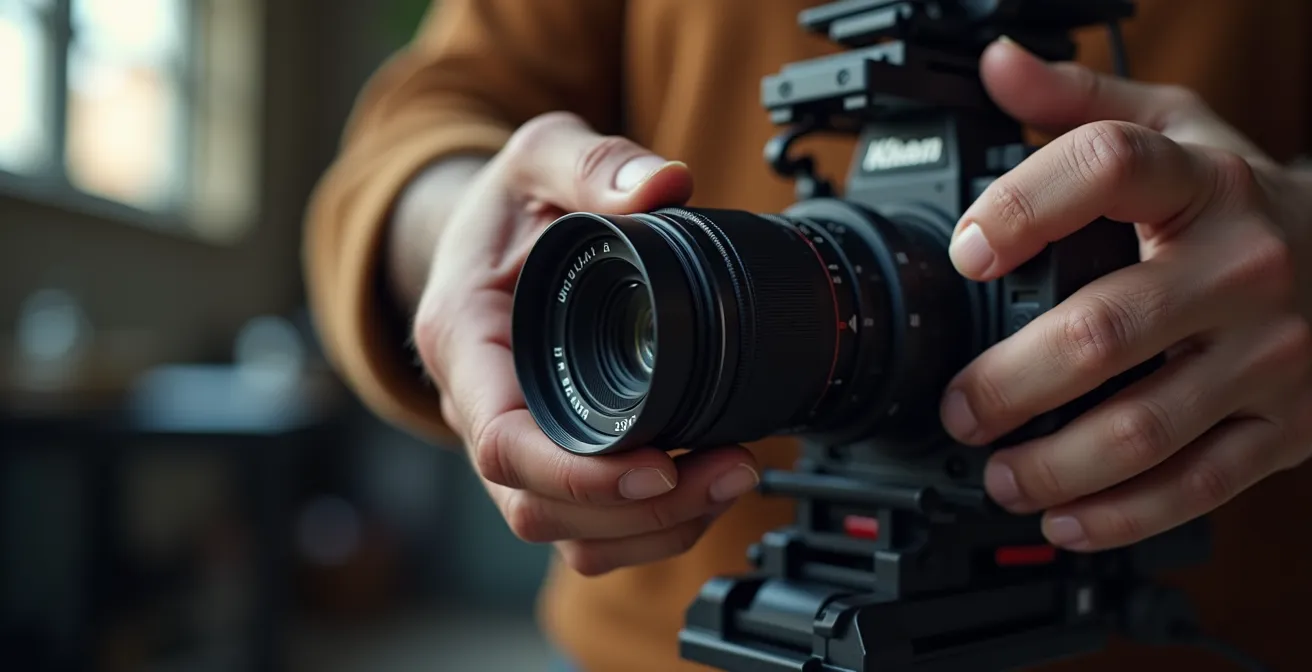 Mains expertes ajustant une optique professionnelle montrant le savoir-faire technique