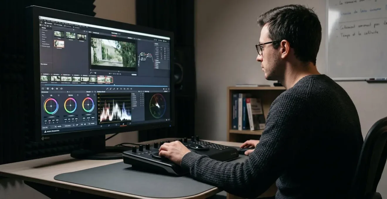 Coloriste professionnel travaillant sur une interface d'étalonnage colorimétrique avec timeline vidéo, scopes et courbes de couleur visibles sur écran calibré en studio de post-production