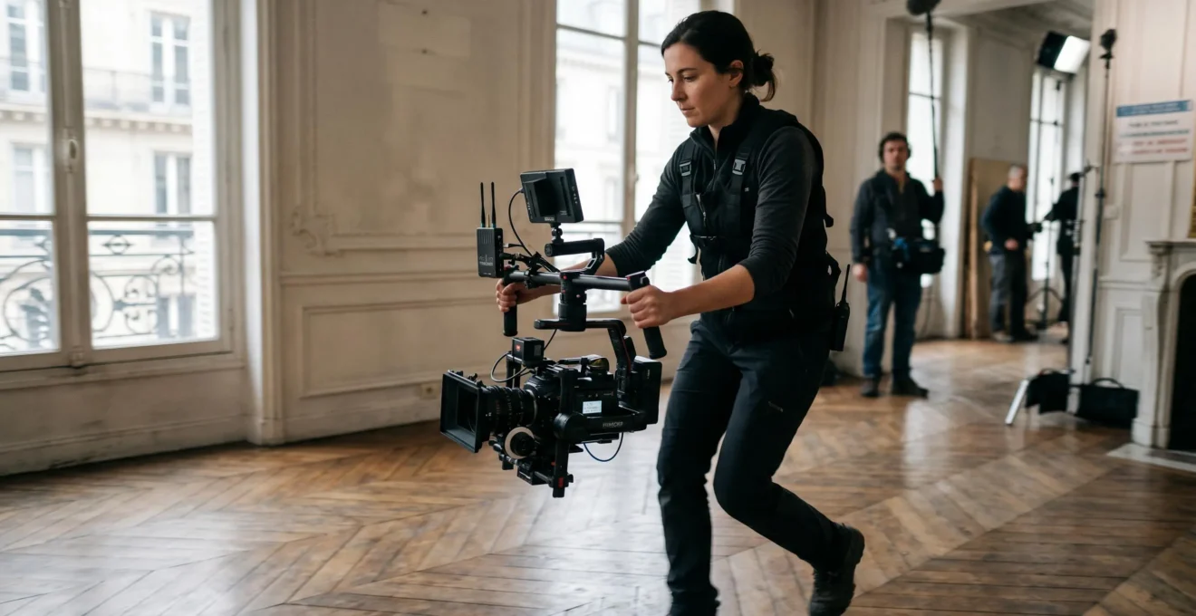 Opérateur professionnel en mouvement portant une caméra cinéma sur gimbal électronique 3 axes, réalisant un travelling lors d'un tournage